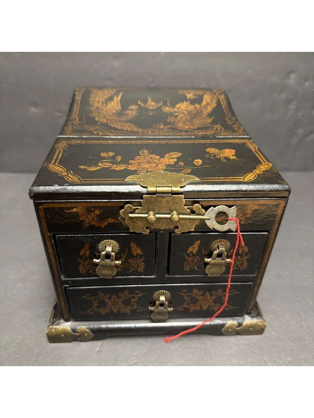 Pier 1 2011 Chinese Jewelry Chest Box Mirror Drawers Black Lacquer Dragons “key”